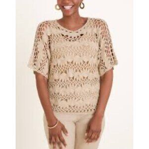 Chico's Open Crochet Short Sleeve Sweater Tan Pullover Women's Size 2 Large